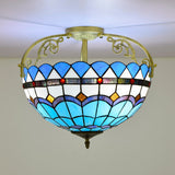 Tiffany Semi-Flush Kitchen Ceiling Light - 3-Light Fixture With Stained Glass Bowl Shade