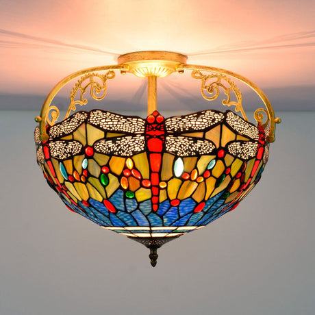 Dragonfly Cut Glass Semi Flush Mount Ceiling Light Fixture - Mediterranean Style 3 Lights