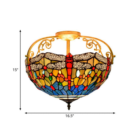 Dragonfly Cut Glass Semi Flush Mount Ceiling Light Fixture - Mediterranean Style 3 Lights