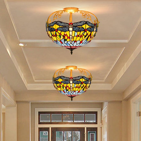Dragonfly Cut Glass Semi Flush Mount Ceiling Light Fixture - Mediterranean Style 3 Lights