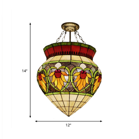 Tiffany Style Stained Glass Flower Semi Flush Mount Light - Green Ideal For Corridor Ceiling