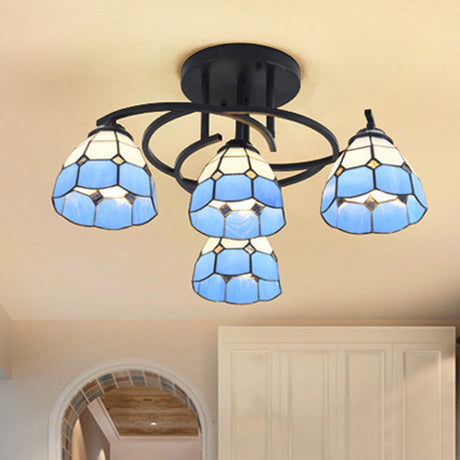 Mediterranean Black Bedroom Ceiling Lamp With Cone/Dome White/Beige/Blue Glass Shade - 4 Lights Semi