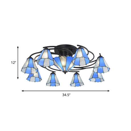 Blue And White Glass Semi-Flush Conical Ceiling Light With 9/11 Lights - Black Lighting Fixture For