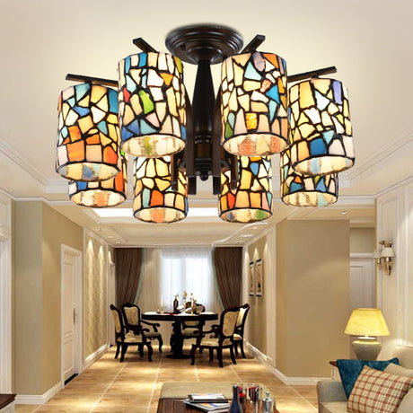 Mediterranean Cylinder Glass Ceiling Mount - Semi Flush Light (6/8 Lights) In Black For Living Room