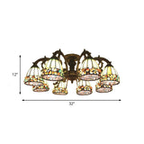 Green Stained Art Glass Dome Semi Flush Ceiling Light With 5/8 Lights - Tiffany Inspired