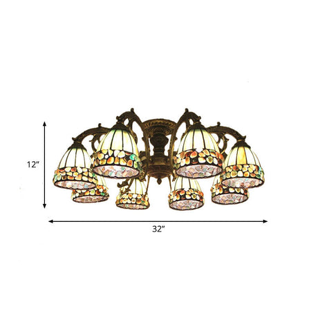 Green Stained Art Glass Dome Semi Flush Ceiling Light With 5/8 Lights - Tiffany Inspired