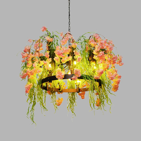Retro Metal Black Chandelier Pendant 10-Light Led Flower Circle Ceiling Lighting For Restaurants
