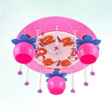 Crystal Wood Kid Bedroom Ceiling Mount Light With 3 Head Creative Lamp Pink
