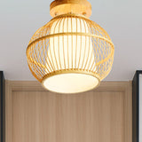 Semi Flush Asian Ceiling Light With Bamboo Shade - Wood Finish