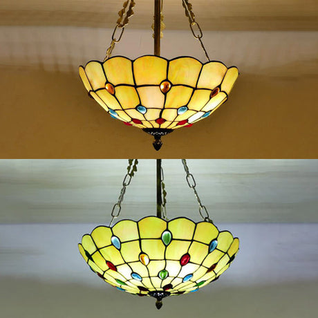 Beige Glass Bowl Pendant Light - Tiffany Chandelier With Colorful Bead Multiple Sizes For Corridor