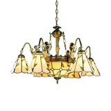 Tiffany Cut Glass Beige Pendant Chandelier: Conical Hanging Light With Mermaid Deco And 9/11 Lights