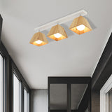 Modern Black/White Linear Semi Flushmount Lamp With Trapezoid Wooden Shade 3 / White