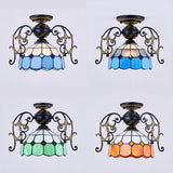 Domed Semi Flush Grid Stained Glass Ceiling Light - Black/White