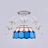 Domed Semi Flush Grid Stained Glass Ceiling Light - Black/White White / E
