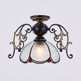 Blue/Clear Mini Flushmount With Petal Shade Tiffany 1 Light In Black Finish For Balcony Clear