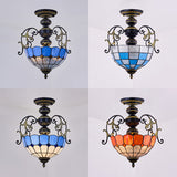 Rustic Stained Glass Ceiling Light Fixture With Square/Blue Diamond/Red Diamond Design - Semi Flush