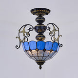 Rustic Stained Glass Ceiling Light Fixture With Square/Blue Diamond/Red Diamond Design - Semi Flush