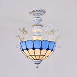 Rustic Stained Glass Ceiling Light Fixture With Square/Blue Diamond/Red Diamond Design - Semi Flush