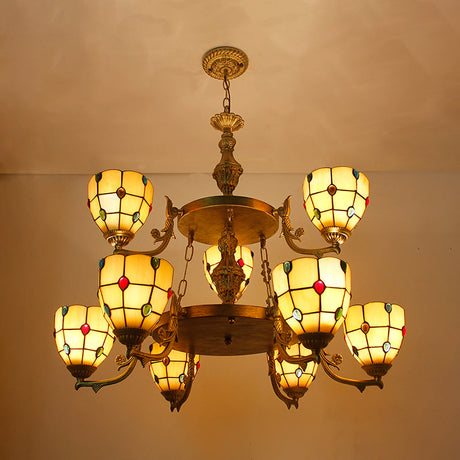 Vintage 2-Tier Beaded Chandelier: Clear/Yellow Glass Pendant Ceiling Light Yellow