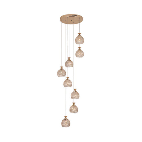 Contemporary Gold Crystal Dome Pendant Light With Spiral Design - 8-Light Multi Lamp