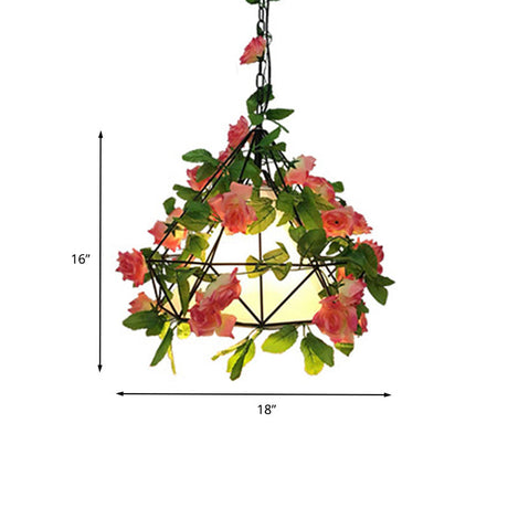 Industrial Metal Diamond Led Pendant Lamp With Rose Decoration - Pink/Light Pink 18/23.5 W