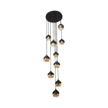 10-Light Simple Stair Multi Lamp Pendant With Cognac Glass Shade In Black