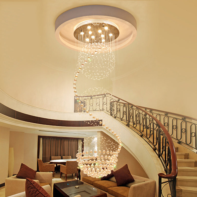Modern Crystal Ball Pendant - Silver 10-Light Hanging Light For Stairway