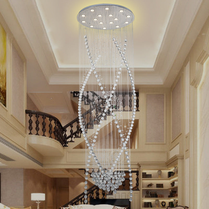 White Crystal Stair Cluster Pendant Light - Contemporary Hanging Lamp With 12 Bulbs