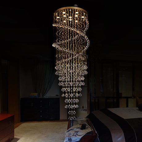 Modern Brass Clear Crystal Led Pendant Lamp With 10-Head Spiral Cascades