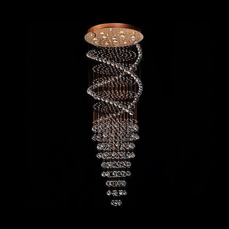 Modern Brass Clear Crystal Led Pendant Lamp With 10-Head Spiral Cascades