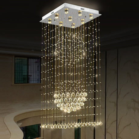 Crystal Led Waterfall Pendant Light With 9 Bulbs In Modern Silver Design