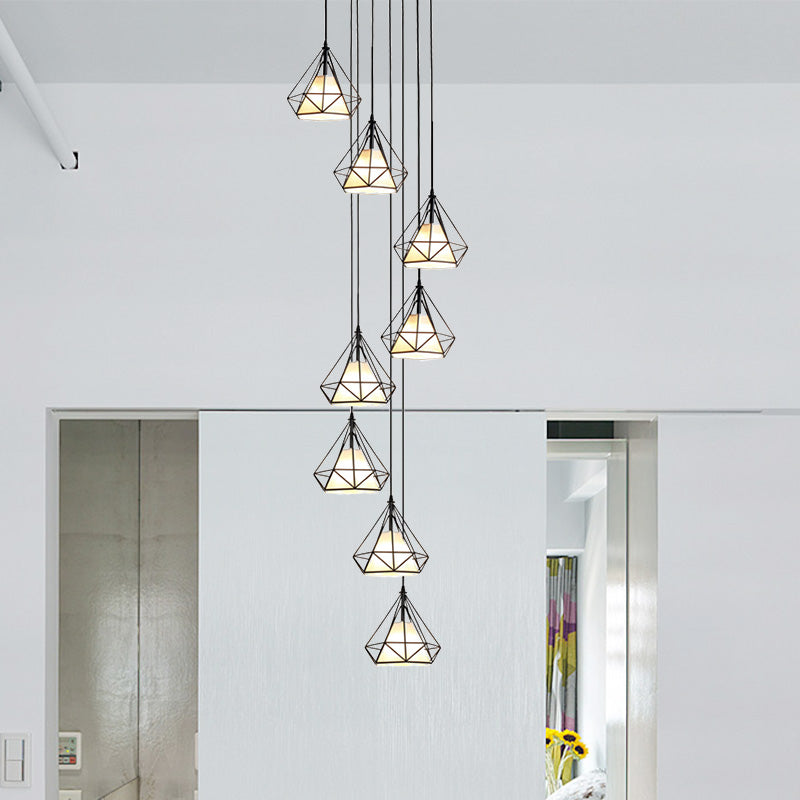 Modern Black Diamond Cage Ceiling Light 8-Bulb Iron Pendant Chandelier For Living Room