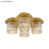 4 - Head Crystal Block Flush Ceiling Light Fixture In Black/Gold - Simple Cylinder Design