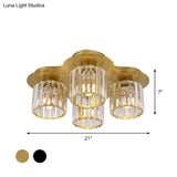 4 - Head Crystal Block Flush Ceiling Light Fixture In Black/Gold - Simple Cylinder Design