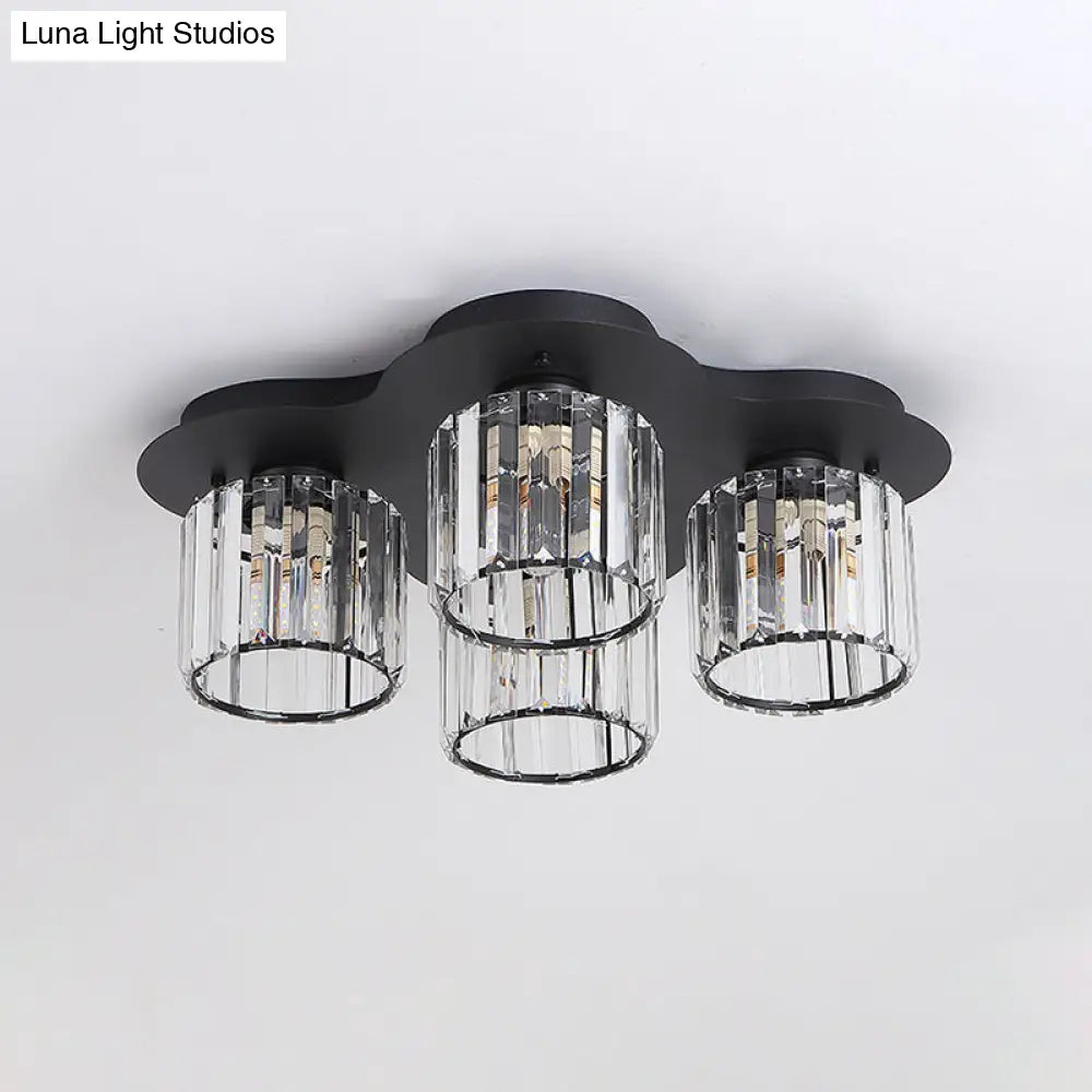 4 - Head Crystal Block Flush Ceiling Light Fixture In Black/Gold - Simple Cylinder Design