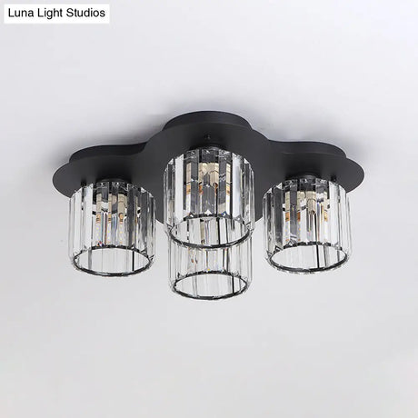4 - Head Crystal Block Flush Ceiling Light Fixture In Black/Gold - Simple Cylinder Design