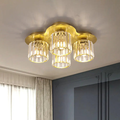 4 - Head Crystal Block Flush Ceiling Light Fixture In Black/Gold - Simple Cylinder Design Gold