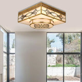 4 - Light Colonial Square Opal Glass Flush Mount Gold Kitchen Lighting Fixture