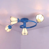 4-Light Tiffany Style Stained Glass Cone Semi Flush Ceiling Light In White/Blue For Living Room