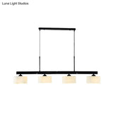 4-Light Traditional Drum Island Pendant In Black For Dining Room With White Glass Shades