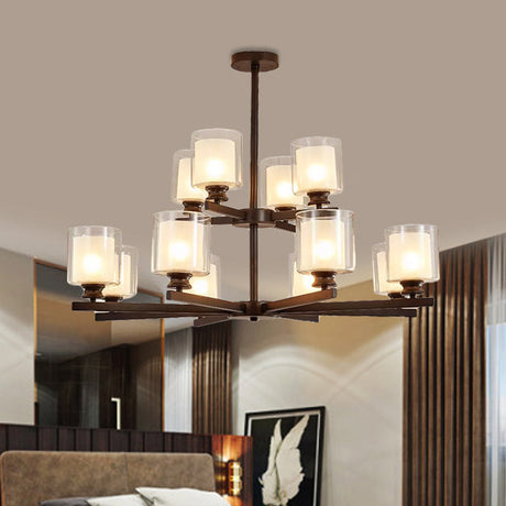 Modern 2-Tier White Glass Chandelier: Radial Design 12 Lights Black/Gold/Silver