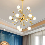Gold Starburst Metal Chandelier Pendant Lamp With Multi Lights And White Glass Ball Shade -