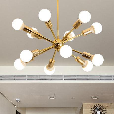 Modern Metal Starburst Chandelier Light - 6/10/12 Lights 26/38.5 Wide Gold Finish Bare Bulb Hanging
