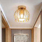 Minimalist Black/Gold Metal Cage Flushmount Light For Corridor Ceiling Mounted