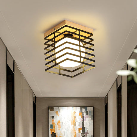 1-Light Black/White Metal Square Flush Mount Pendant Fixture For Corridor Ceiling Black