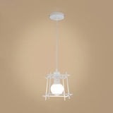 Retro Square Cage Pendant Light In Black/White - Bedroom Ceiling Hanging Lamp White