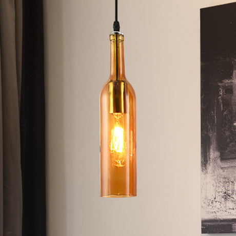 Vintage Industrial Hanging Lamp - Blue/Brown Glass Bottle Shade Adjustable Cord 1 Light
