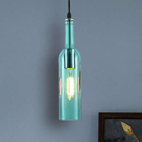 Vintage Industrial Hanging Lamp - Blue/Brown Glass Bottle Shade Adjustable Cord 1 Light