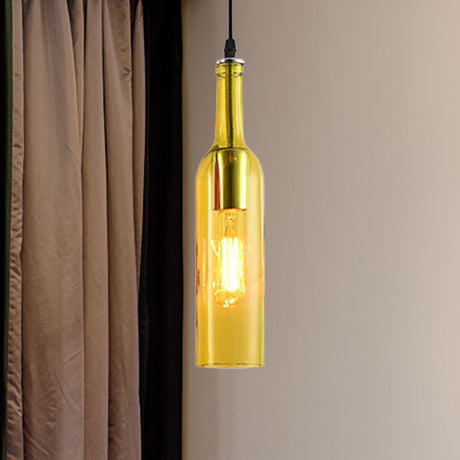 Vintage Industrial Hanging Lamp - Blue/Brown Glass Bottle Shade Adjustable Cord 1 Light