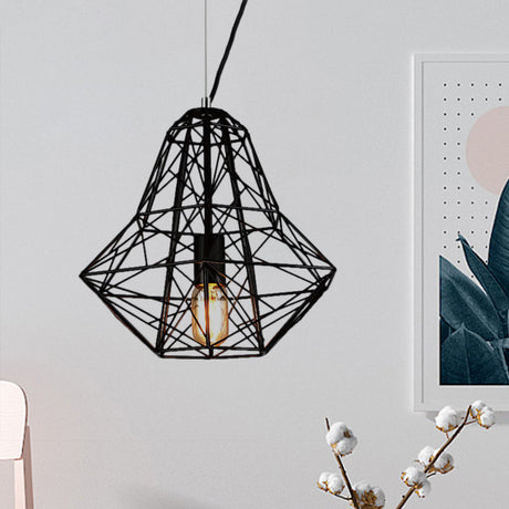 Cage Pendant Diamond Light - Industrial 1 Head Metallic Lamp In Black/White For Dining Room (16/19.5